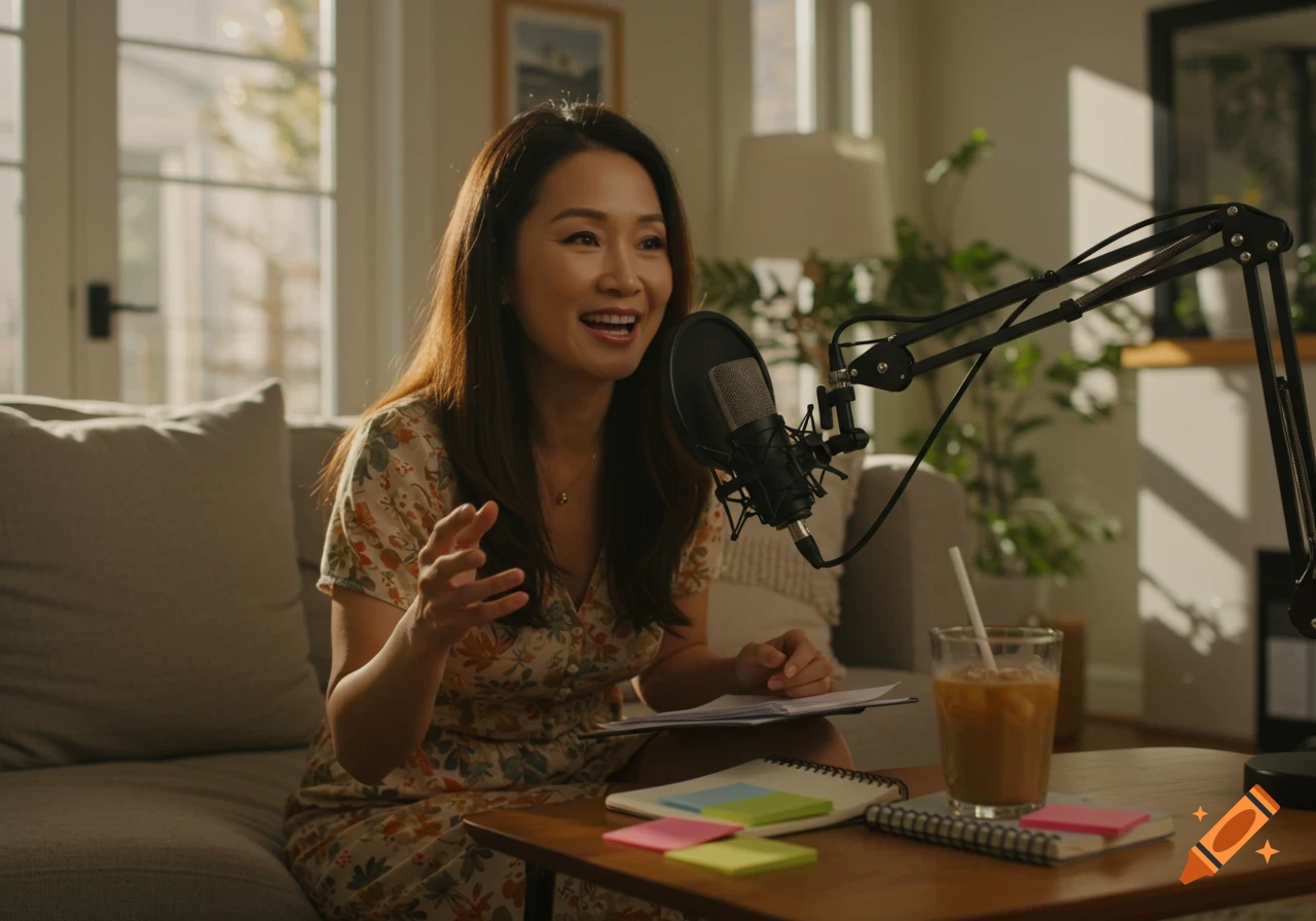 A woman recording a podcast in a living room with iced coffee, photorealistic.