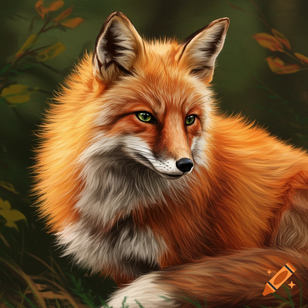 A digital painting of a red fox with green eyes in a forest setting.
