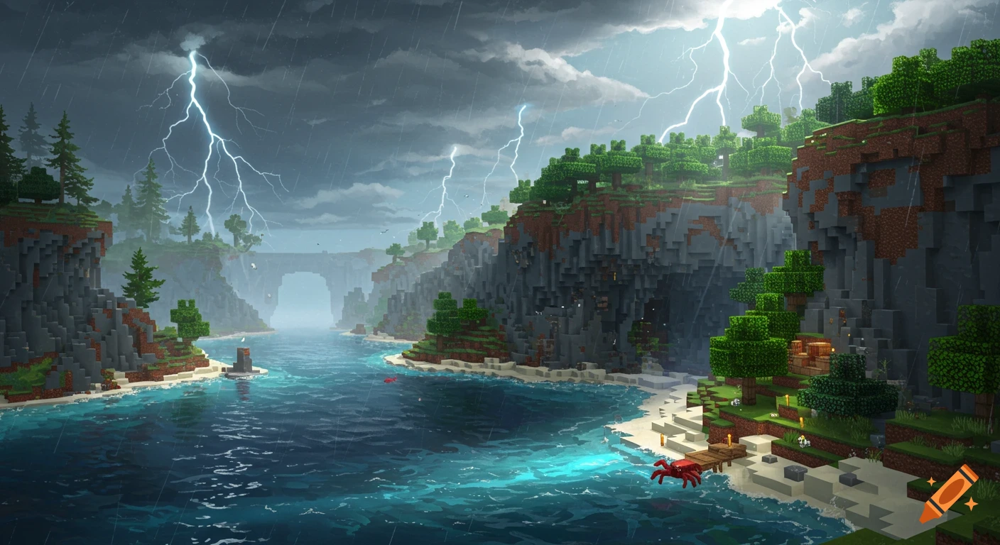 Minecraft landscape of a stormy coastal area with lightning, cliffs, and a beach.