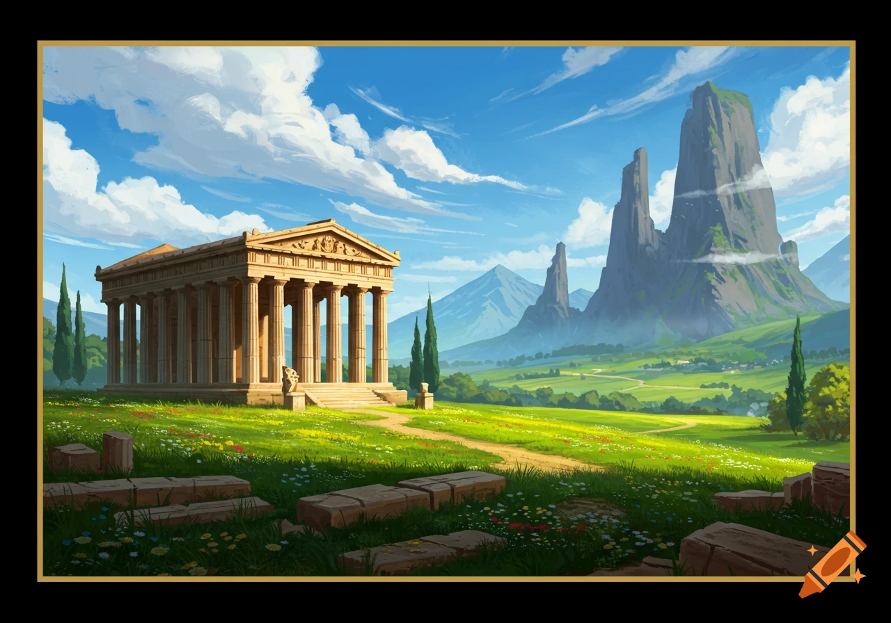 Greek temple ruins in a grassy valley with wildflowers, cypress trees, and tall mountains under a cloudy sky. Illustration.