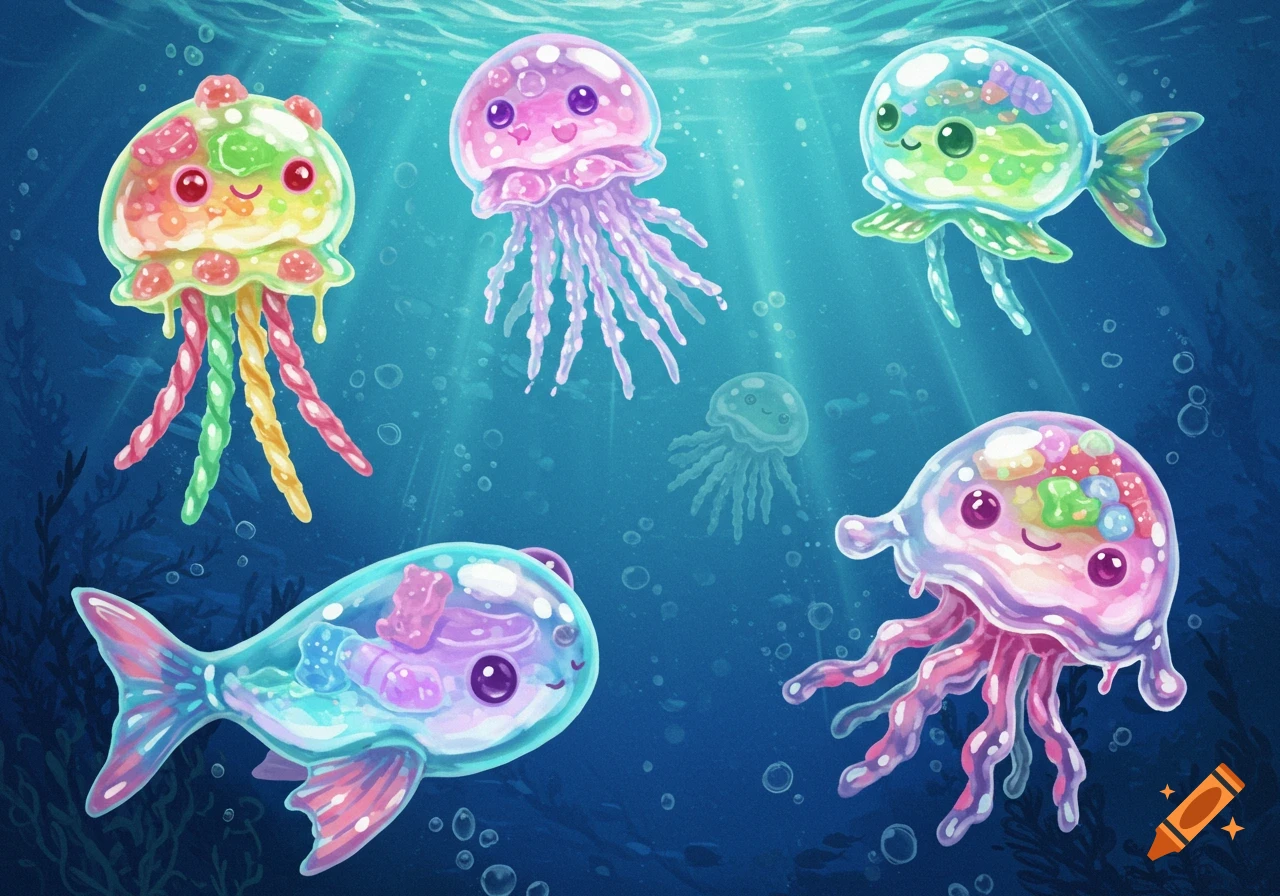 Cute, colorful candy-shaped jellyfish and fish swimming underwater.