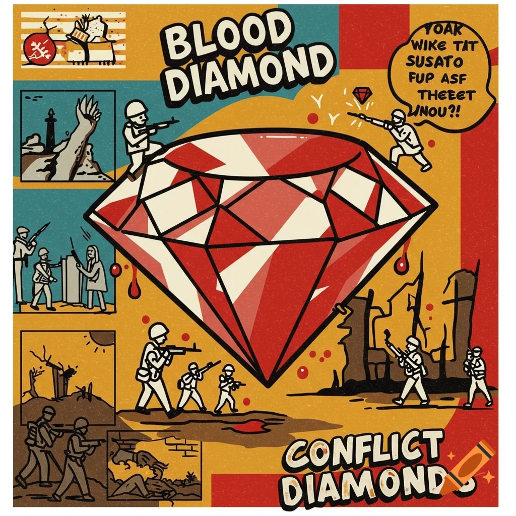 Cartoon illustration about blood diamonds with soldiers and conflict scenes surrounding a large red diamond.