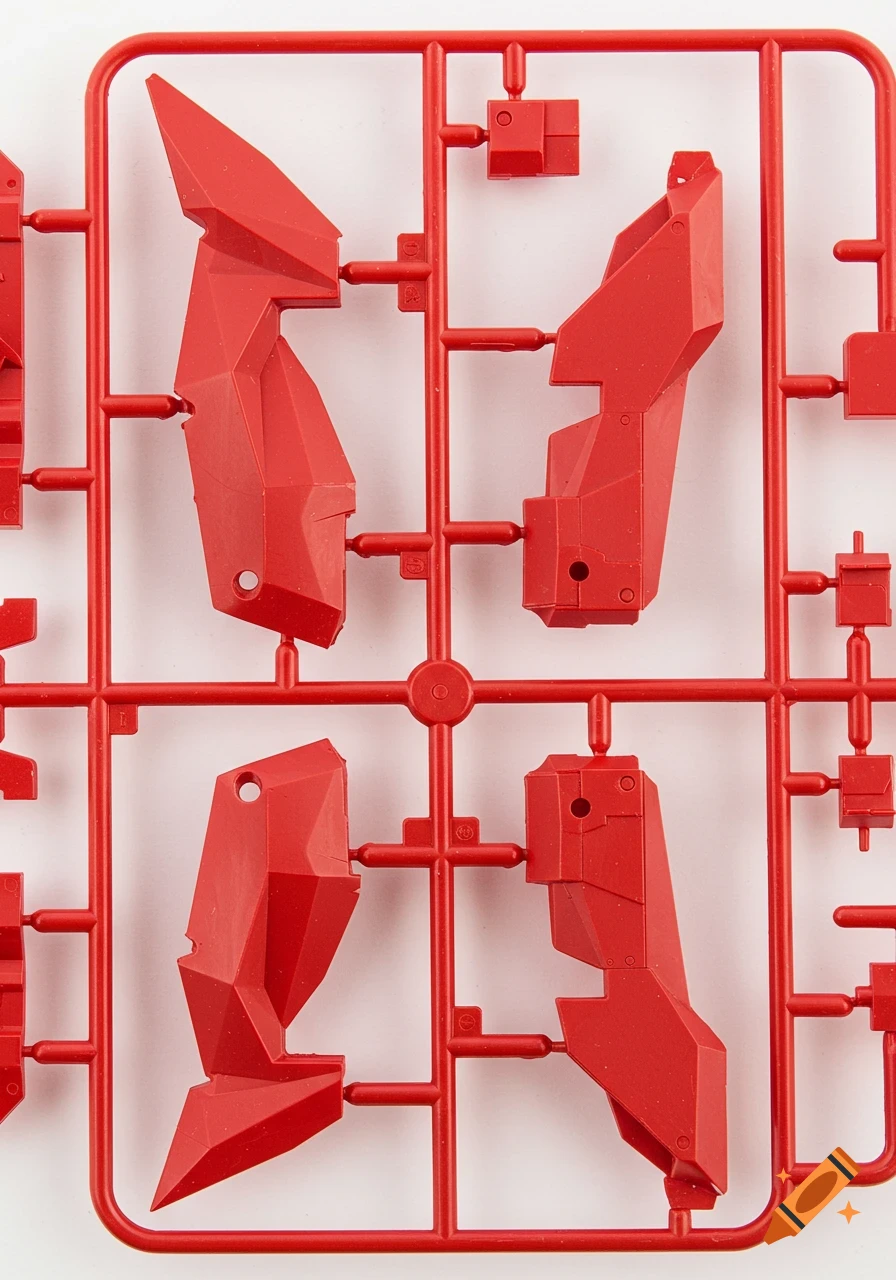 A red plastic model sprue with parts attached.