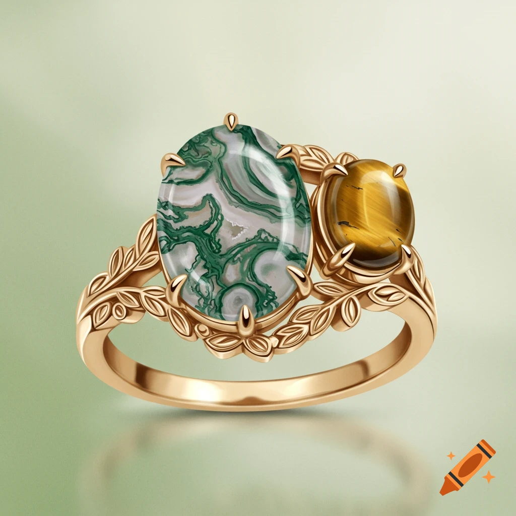 Gold ring with oval moss agate and tiger's eye stones, leaf detail on band, photorealistic style.