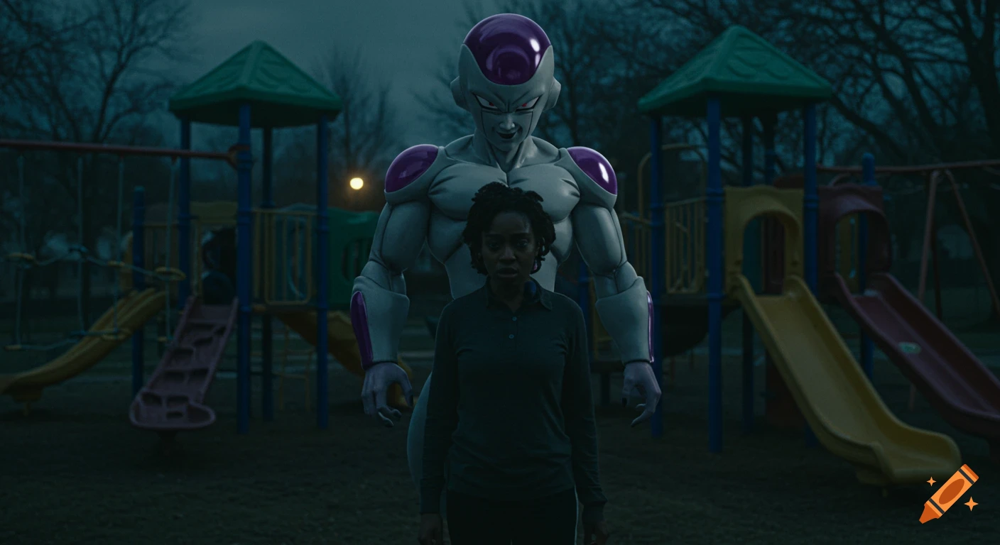 A woman stands in a dark playground with Frieza from Dragon Ball Z behind her. Cinematic style.