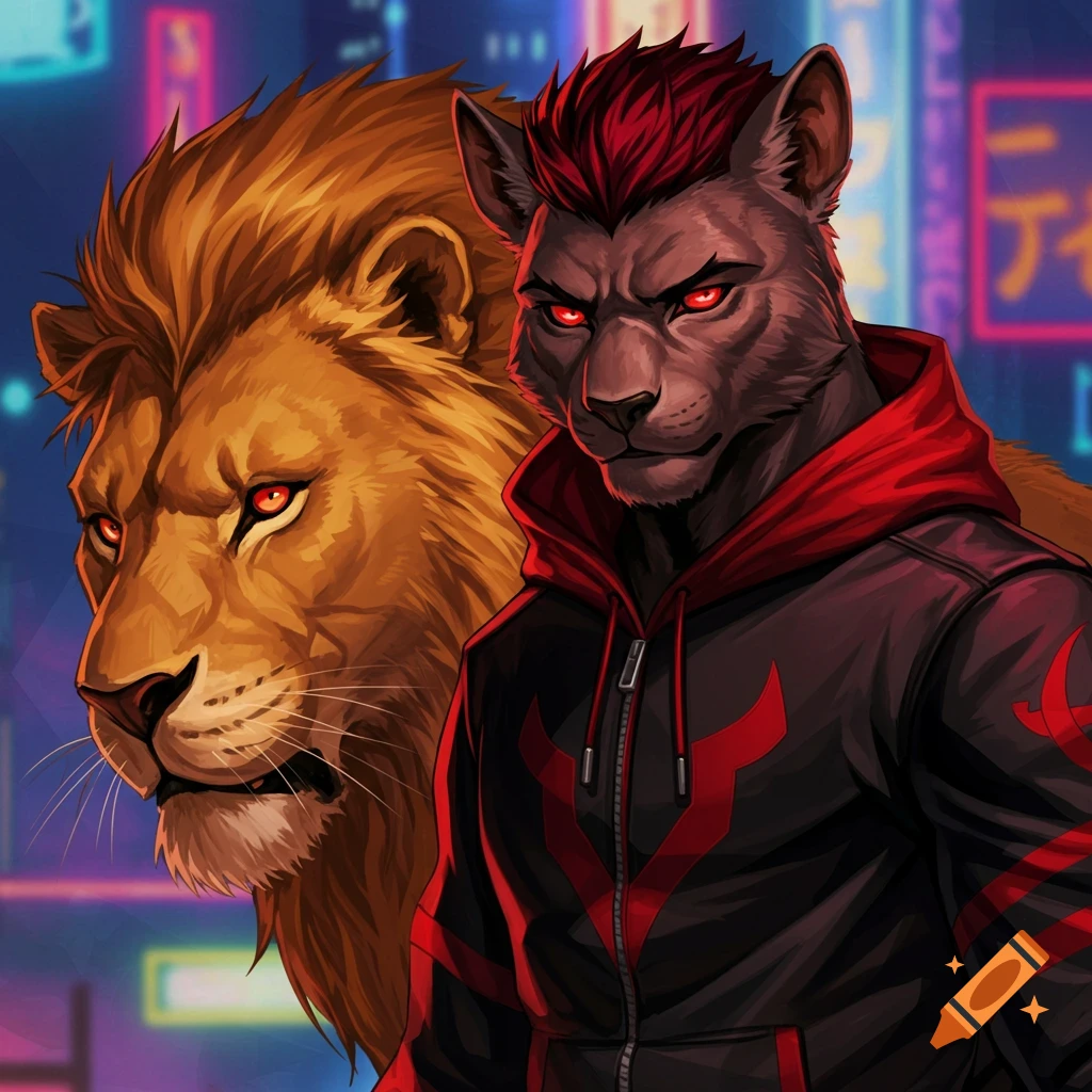 A lion and a wolf character with red eyes and a black and red hoodie in front of a neon city.