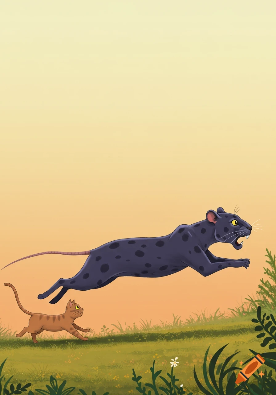 Cartoon illustration of a cat chasing a large spotted animal with a long tail through a grassy field