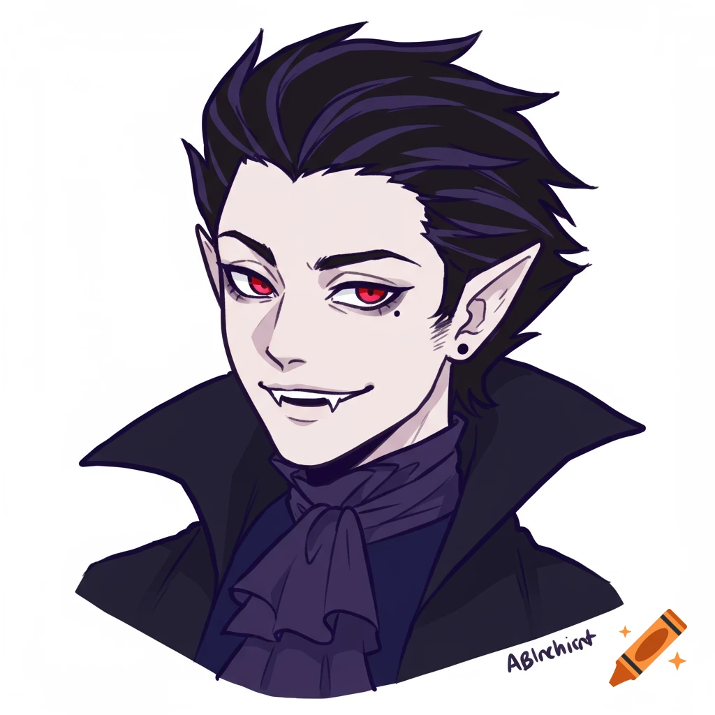 Manga-style bust illustration of a male vampire with red eyes and fangs.