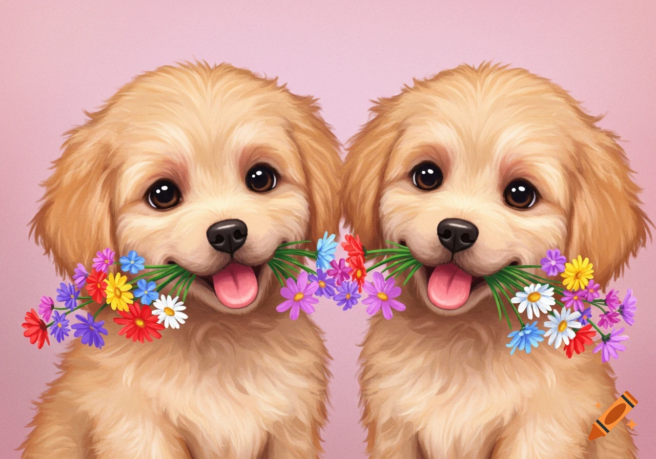 Two cute puppies holding colorful flowers in their mouths, illustration.