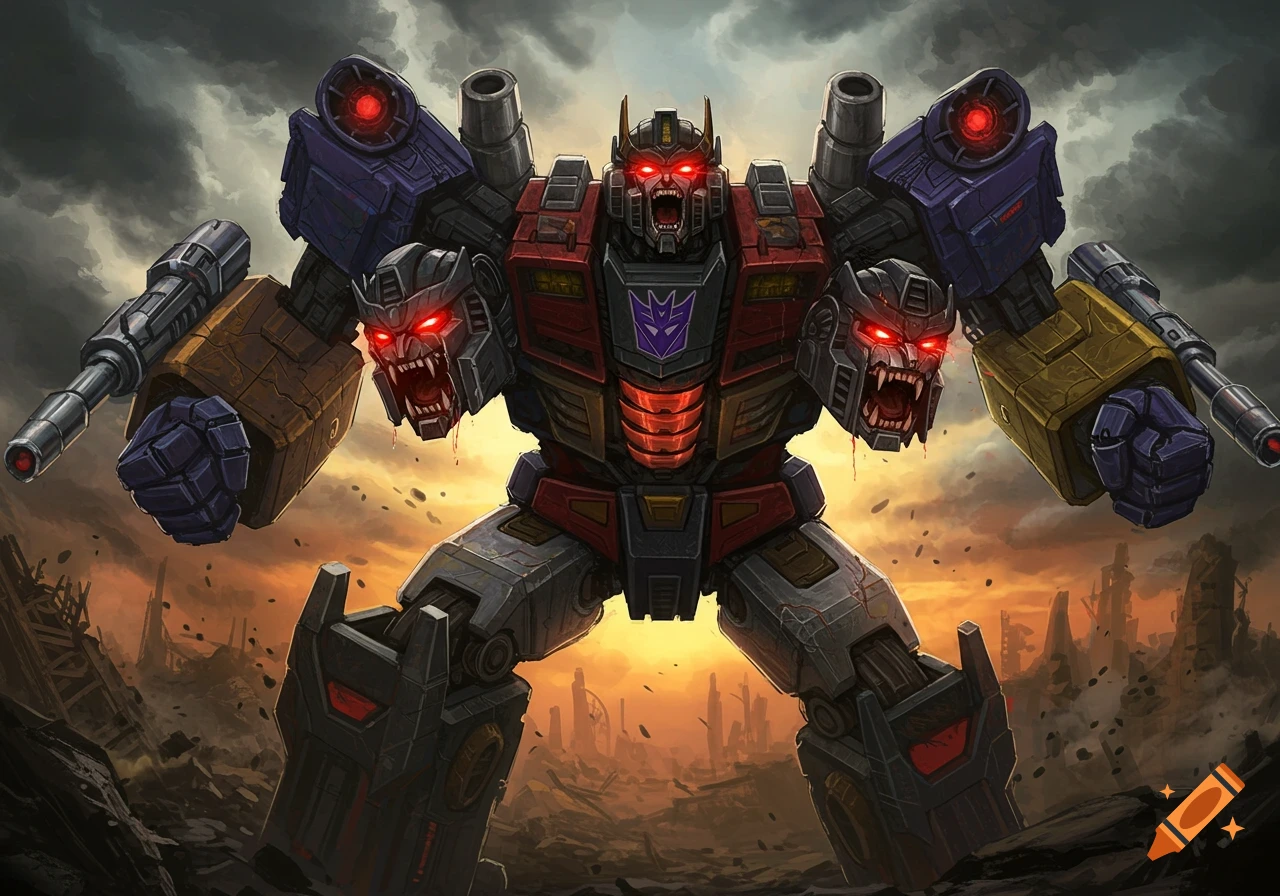 Illustration of the robot Bruticus roaring in a ruined city.