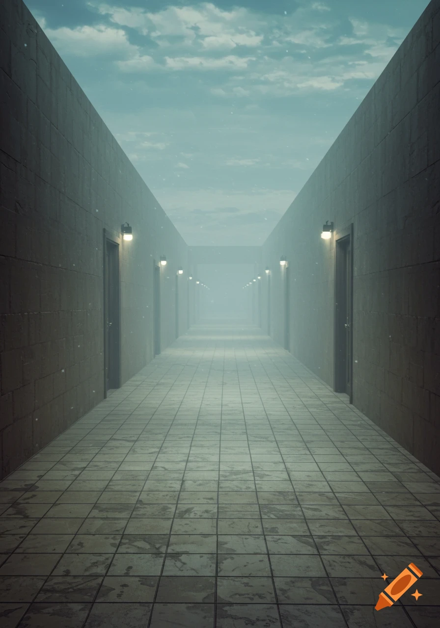 Long, empty hallway with doors under a cloudy sky, misty and atmospheric.