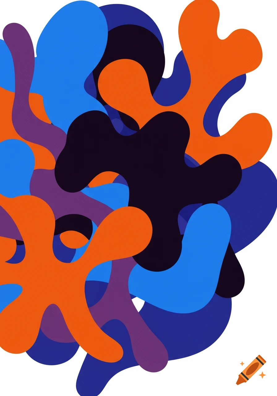 Abstract shapes in orange, blue, dark blue, and purple overlapping on a white background.
