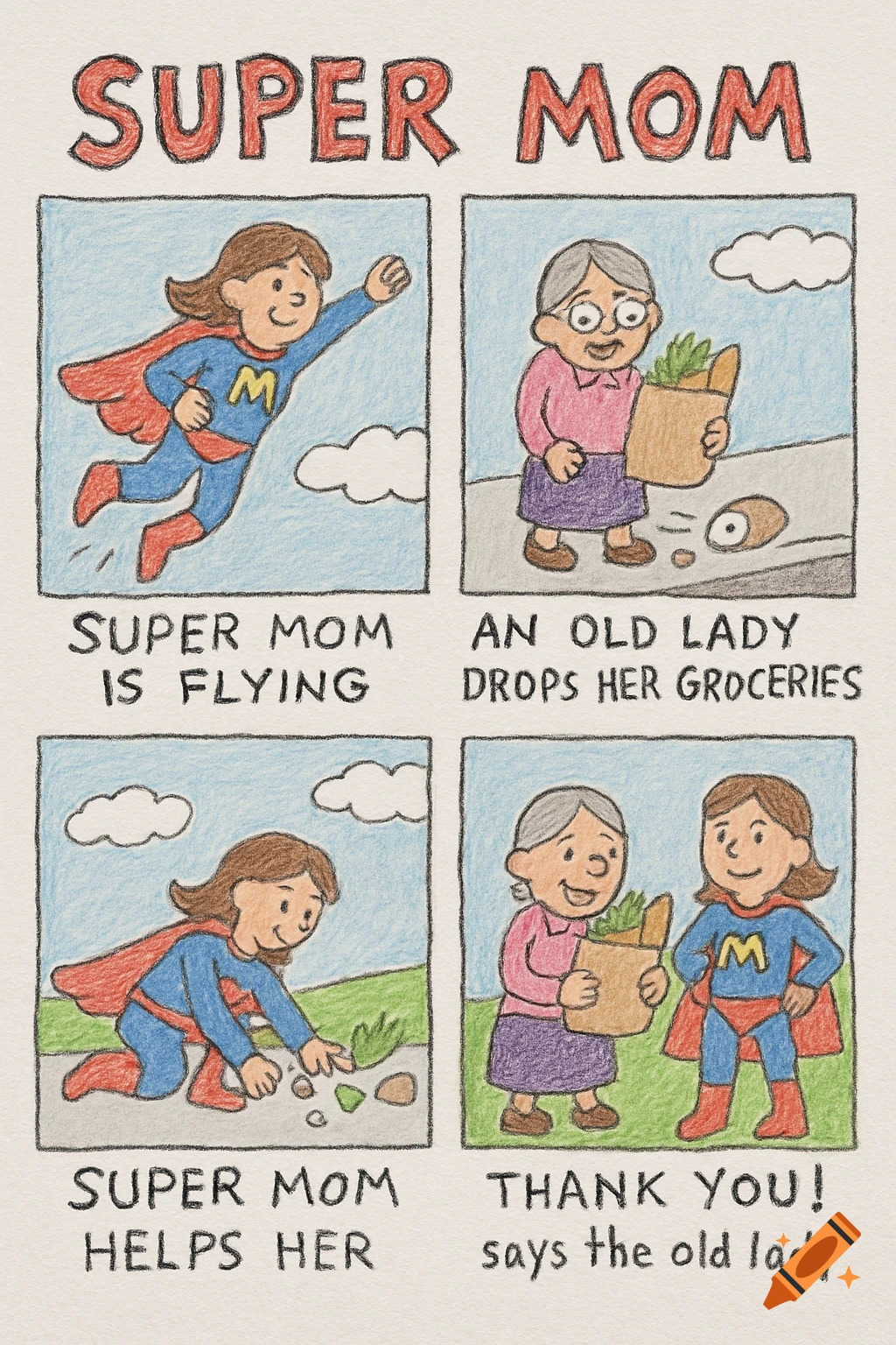 A 4-panel comic strip drawn like a child's drawing shows Super Mom flying, an old lady dropping groceries, Super Mom helping her, and the old lady saying thank you.
