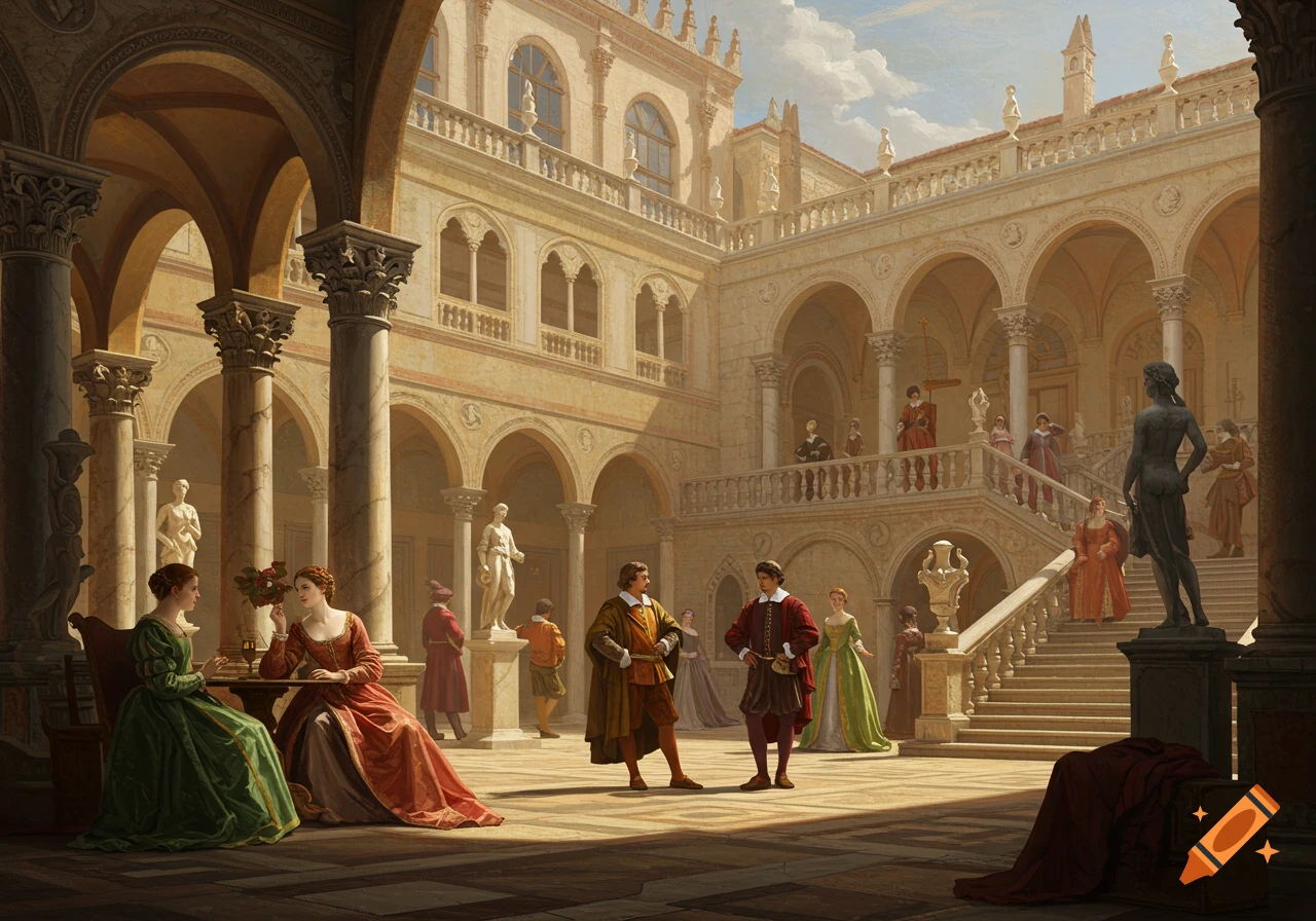 Renaissance courtyard scene with people in historical clothing