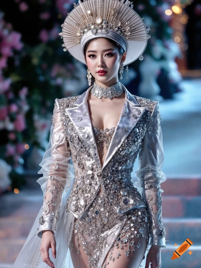 Woman in elaborate silver suit-dress and traditional ornate hat.