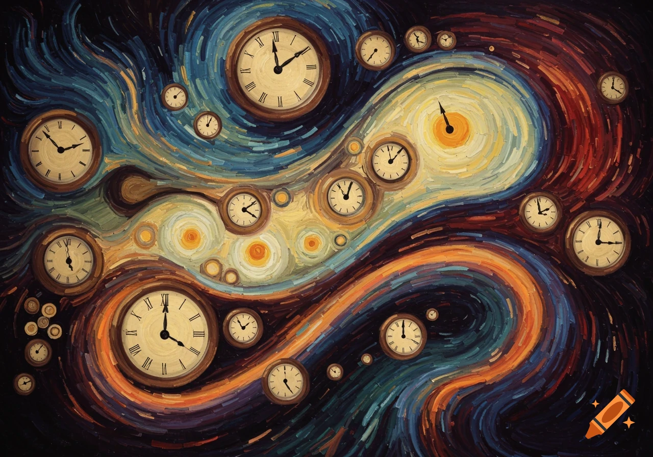 A swirling, colorful, Van Gogh-inspired painting featuring multiple clocks.
