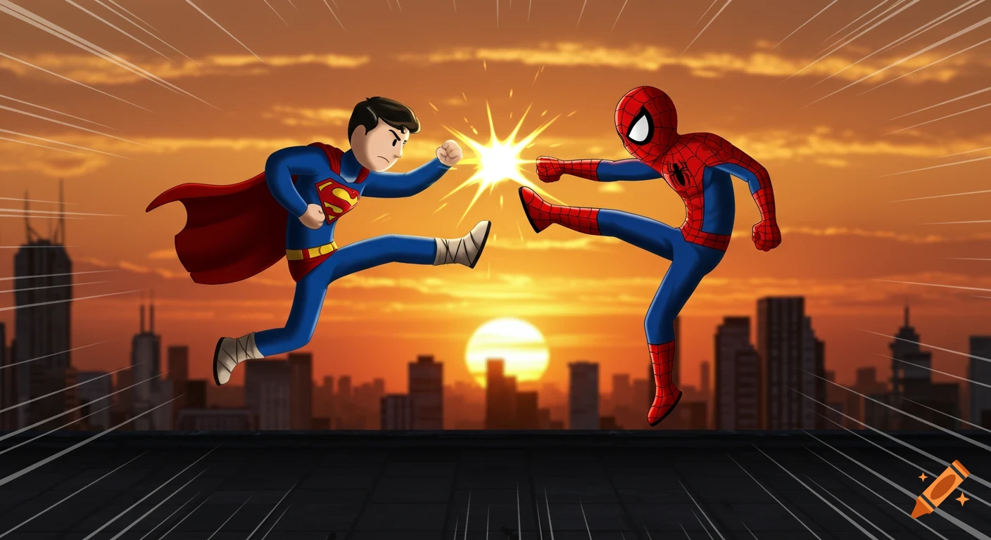 Cartoon style image of Superman and Spider-Man in mid-air, doing martial arts kicks on a city rooftop at sunset.