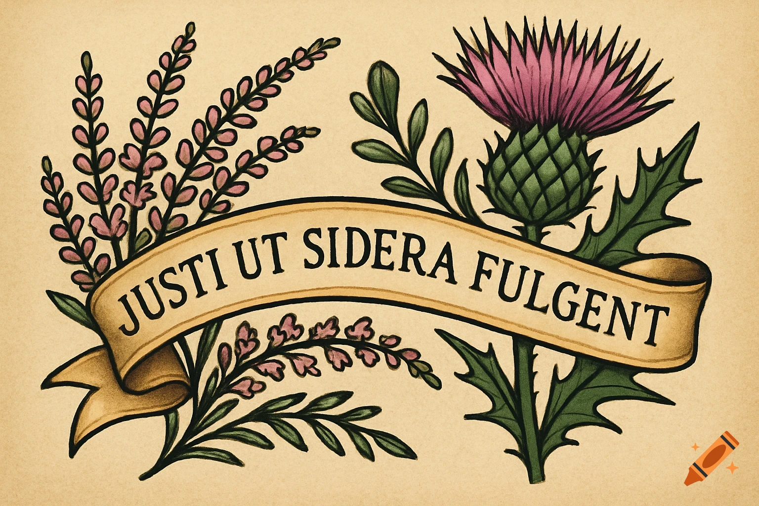 Stylized tattoo illustration of a banner with text, thistle, and heather.