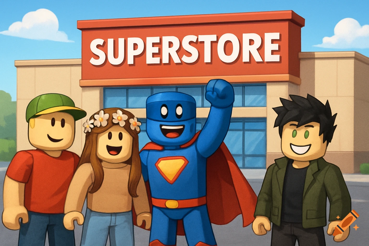 Roblox characters stand in front of a Superstore.