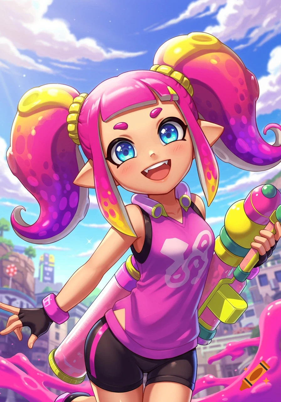 Anime girl with pink tentacles for hair and fangs holds a water gun in a colorful city scene.