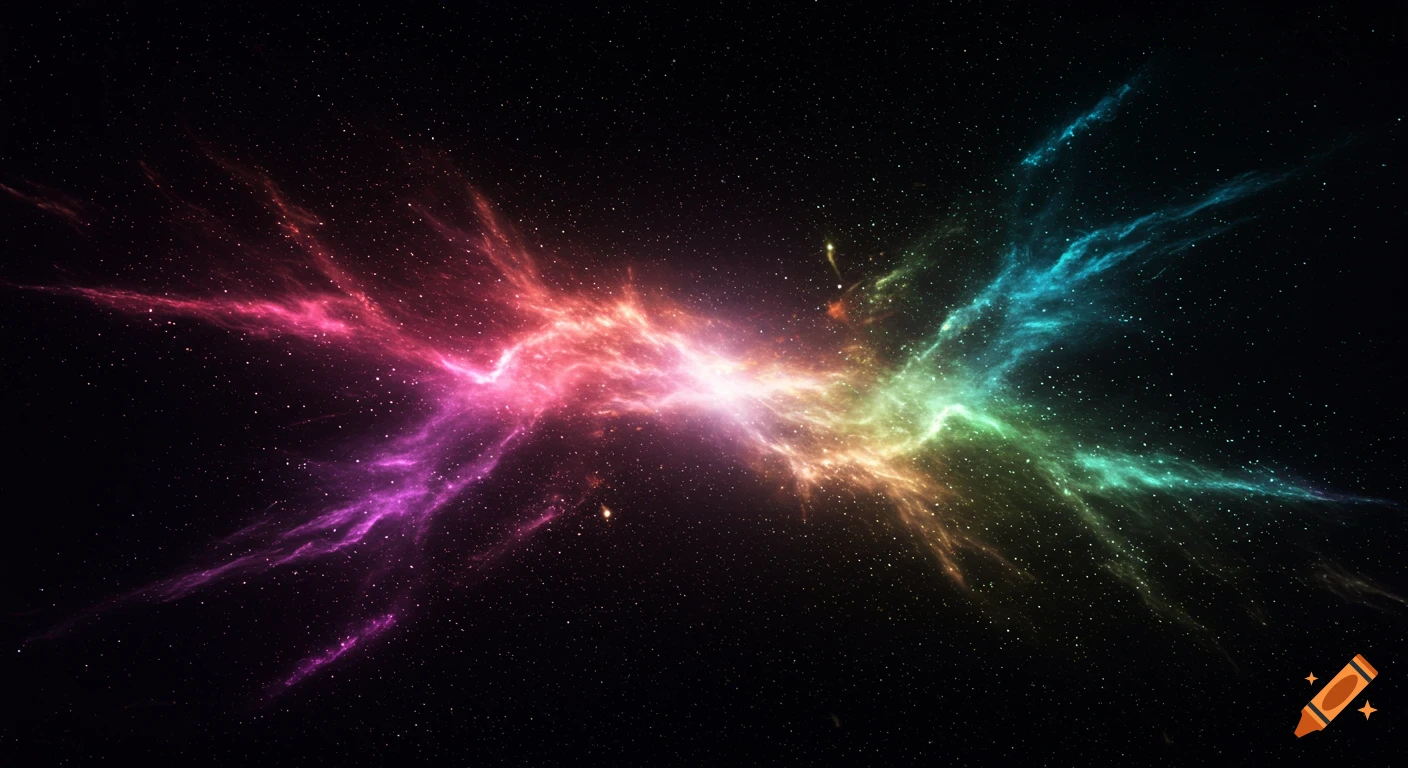 A colorful nebula with glowing tendrils of pink, red, yellow, green, and blue light stretches across a dark, star-filled sky.