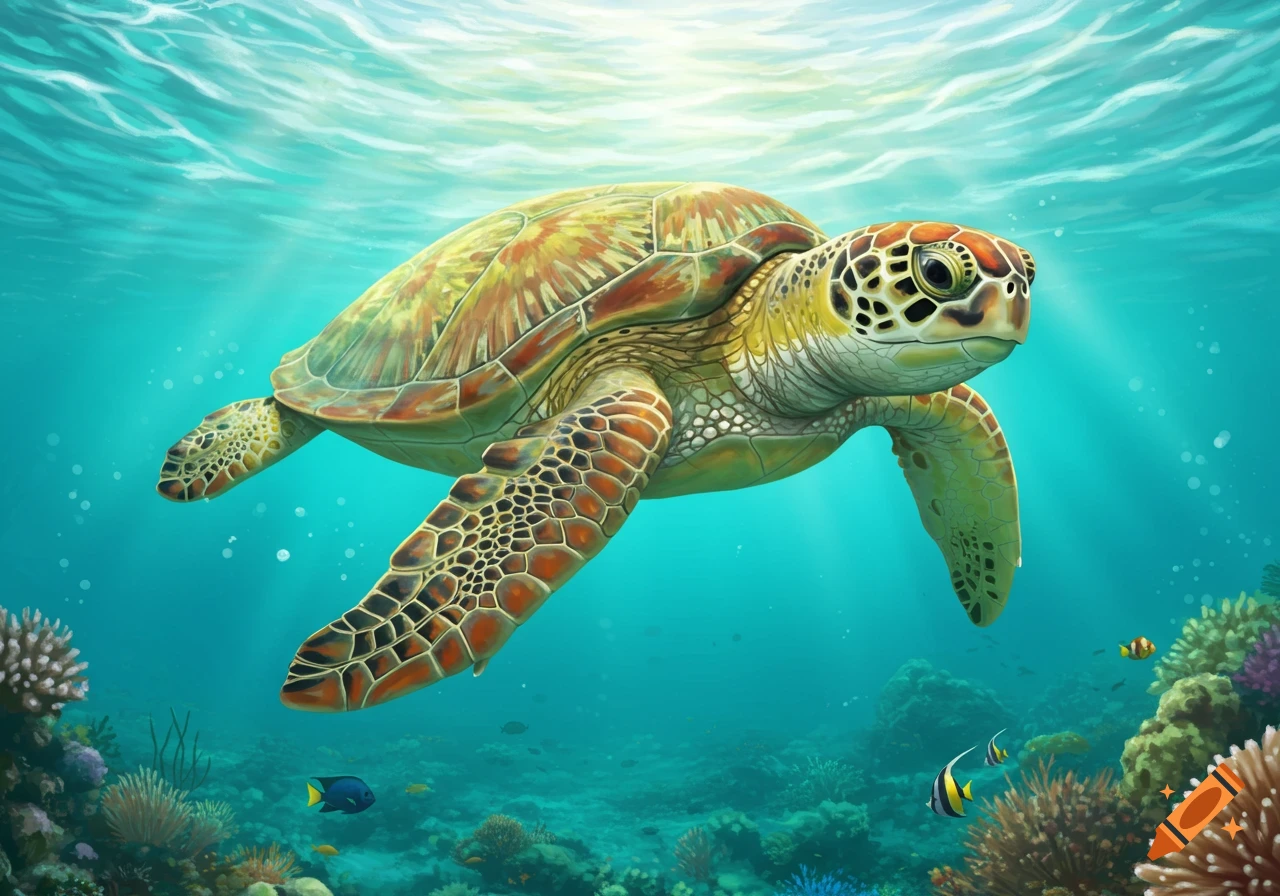 Illustration of a sea turtle swimming in clear blue water over a coral reef.