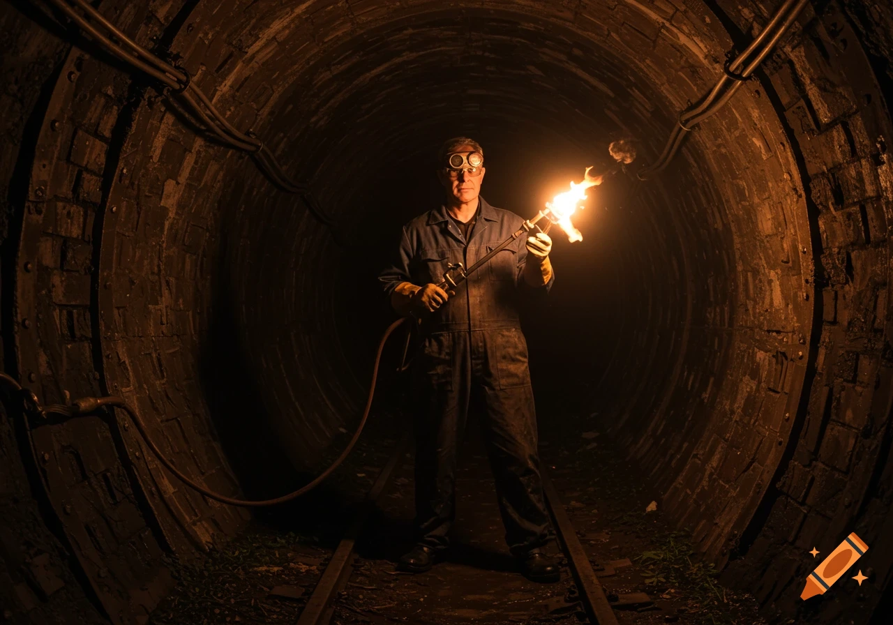 Worker holding a torch in a dark brick tunnel with rail tracks.