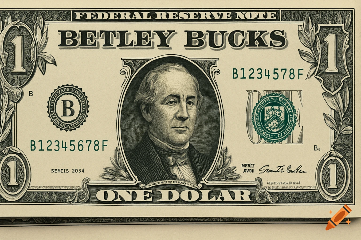 A stylized one dollar bill with the words BETLEY BUCKS printed on it.