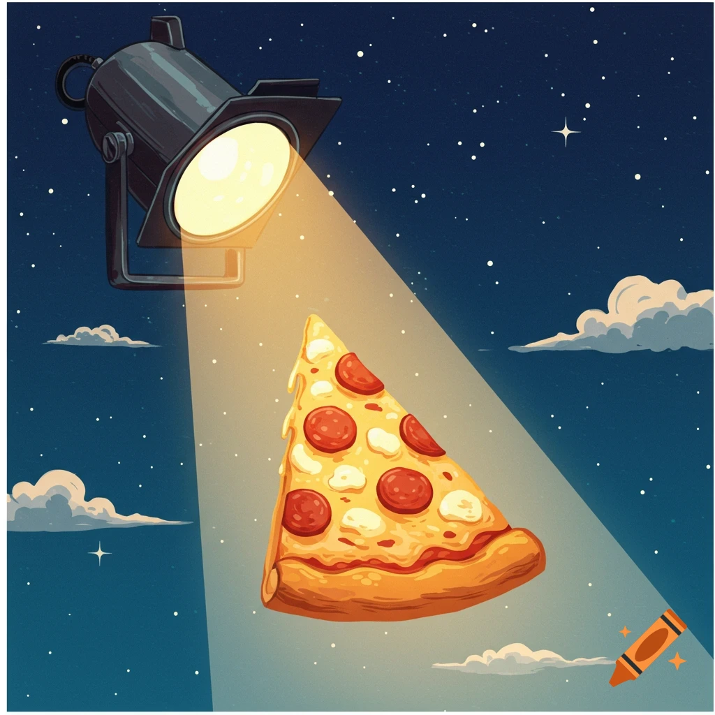 A slice of pizza illuminated by a spotlight in the night sky, like a bat signal.