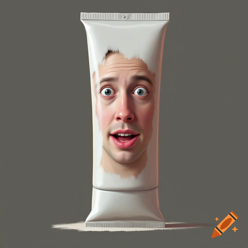 Surprised face emerging from a white tube of caulk or toothpaste.
