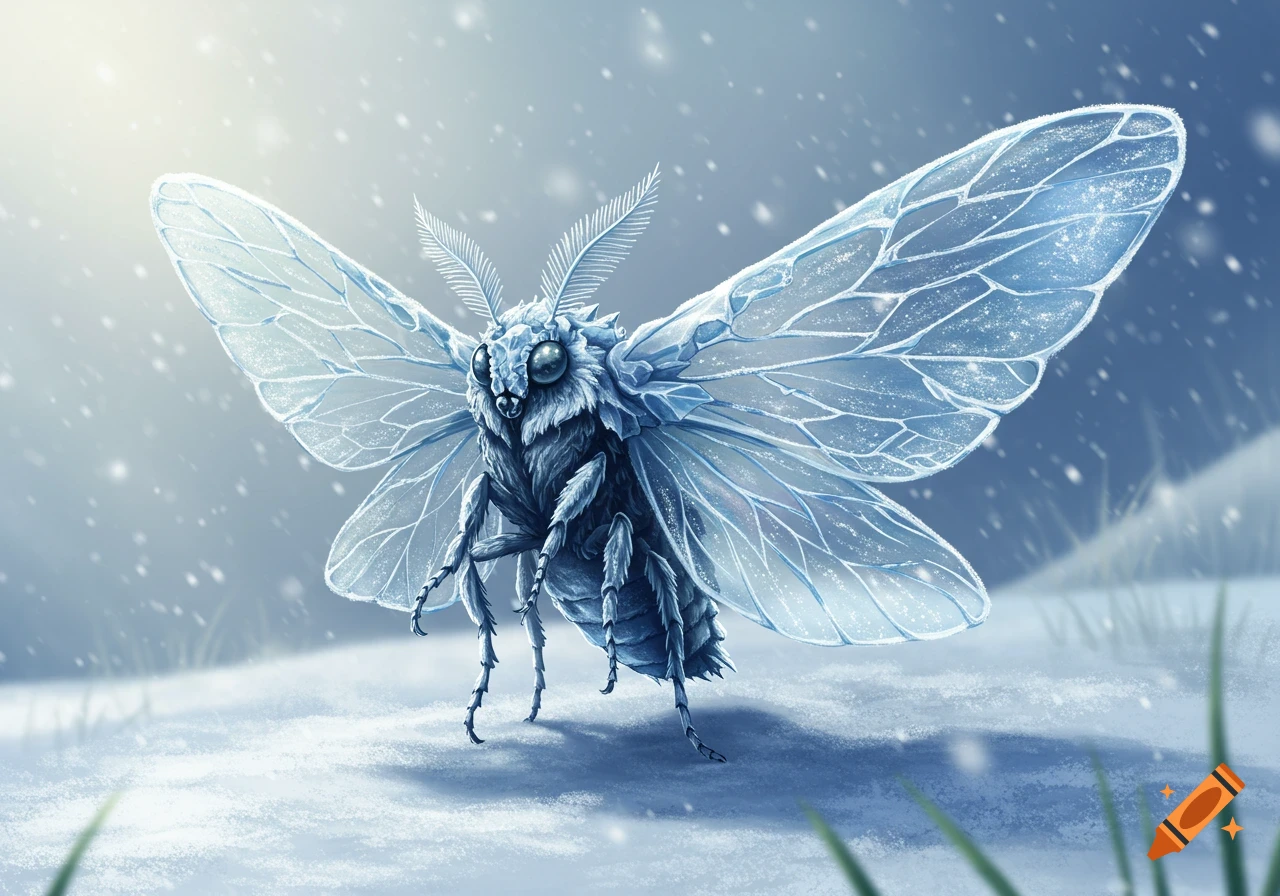 A frosty moth with icy, translucent wings stands in falling snow.
