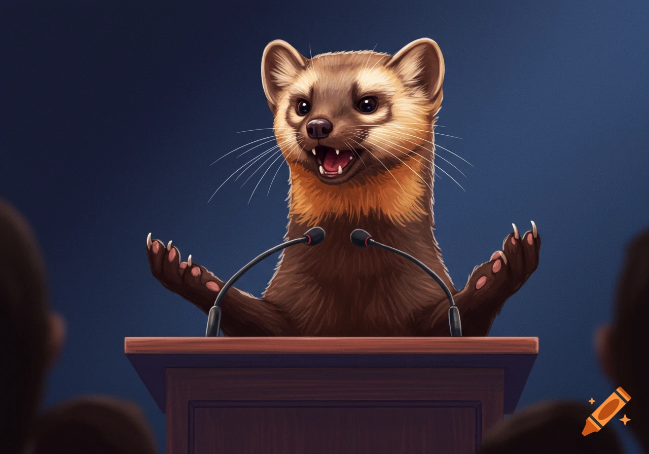 A marten stands at a podium with microphones, speaking to an audience.