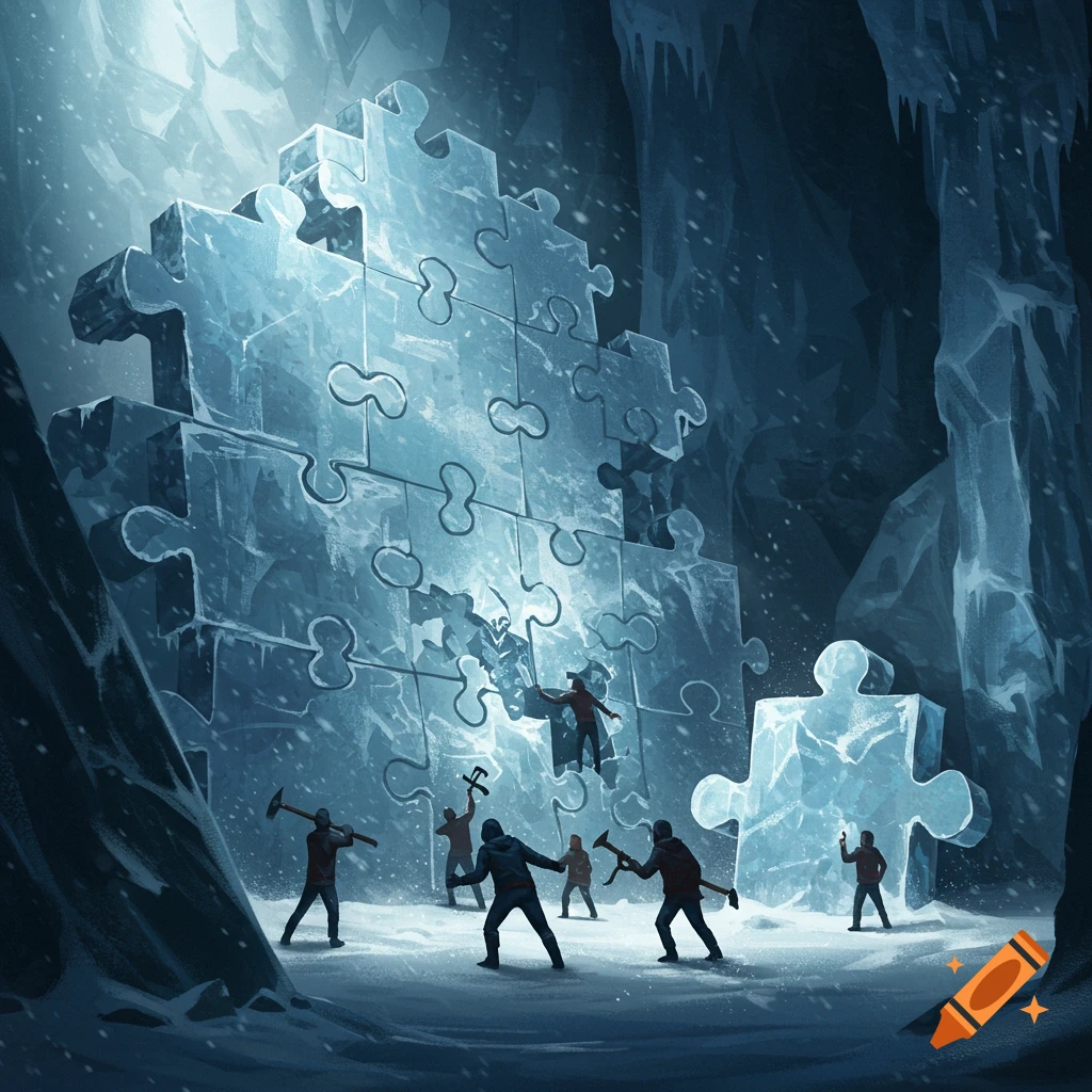 People working on a giant ice jigsaw puzzle in an icy cave, digital painting