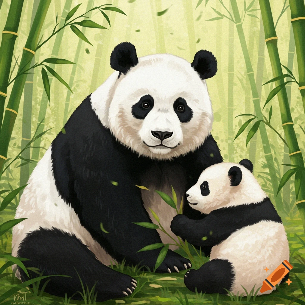 An illustration of a mother panda sitting with her cub in a bamboo forest.