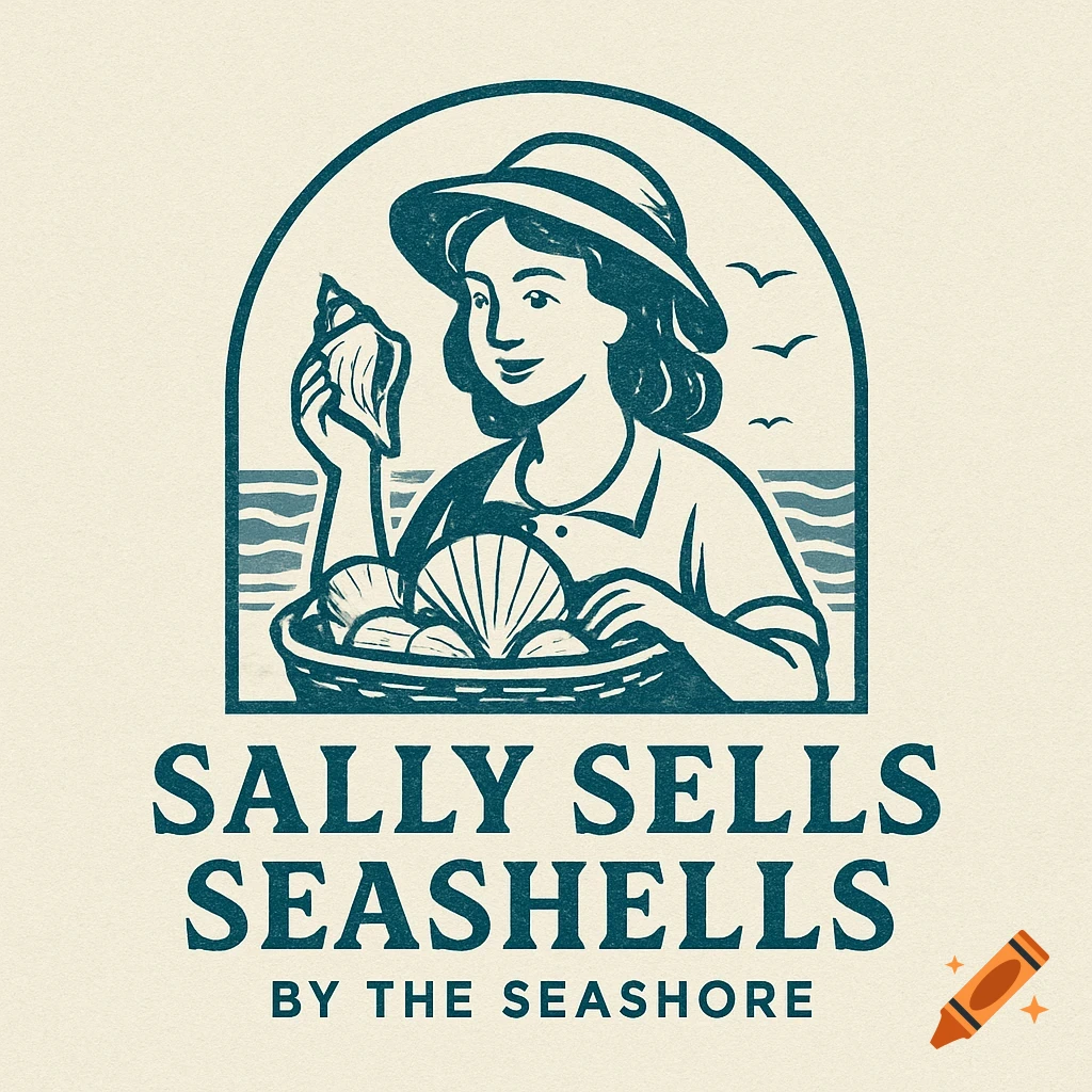 Stylized logo of a woman holding a seashell and a basket of shells above the text 'SALLY SELLS SEASHELLS BY THE SEASHORE'.