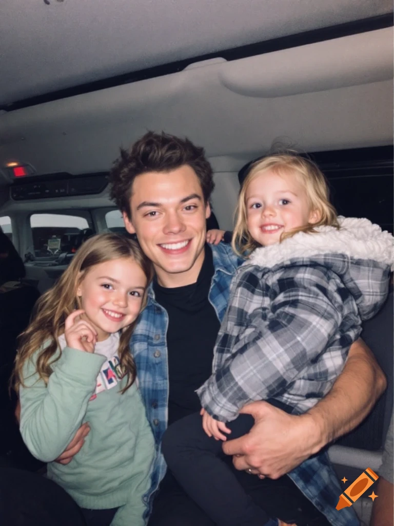 A man holds two smiling young girls in a car.
