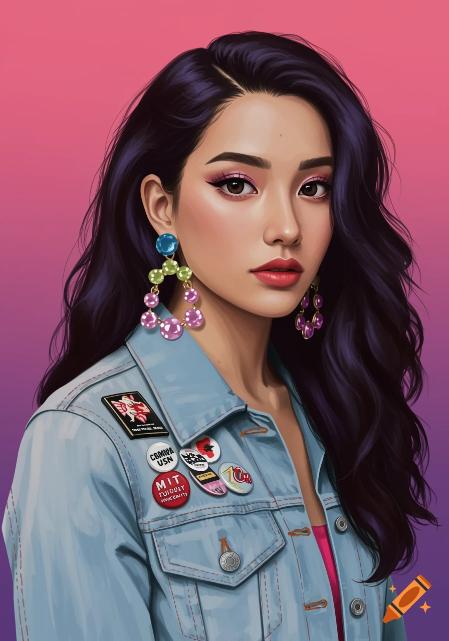 Portrait of a girl with dark hair, colorful earrings, and a denim jacket covered in badges, in an 80s style.