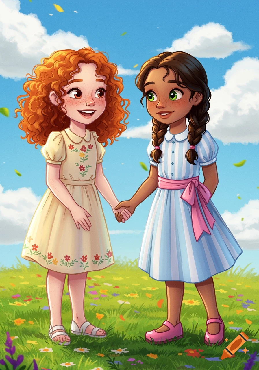 Two cartoon girls holding hands in a sunny flower field.
