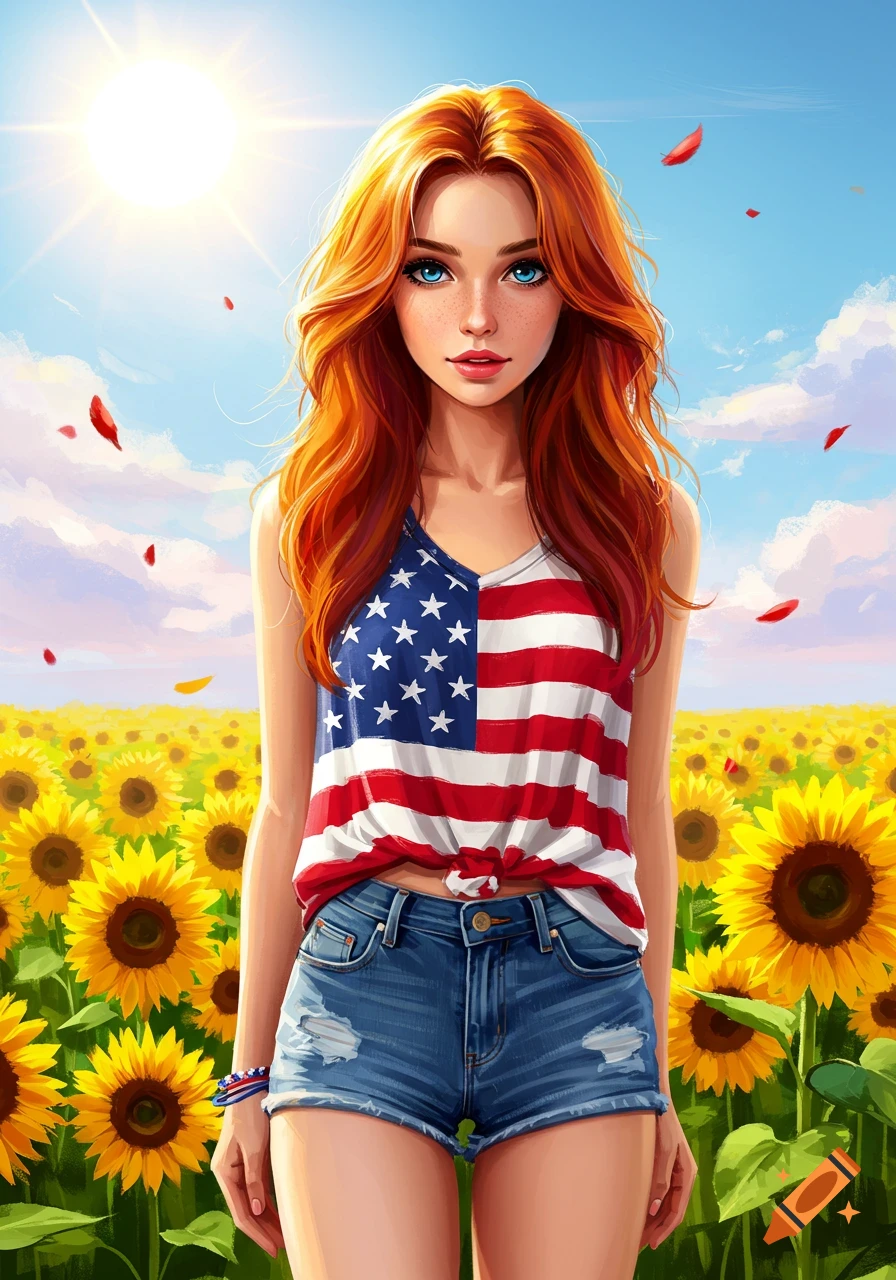 Illustration of a woman wearing a US flag tank top and denim shorts in a field of sunflowers under a bright sun.