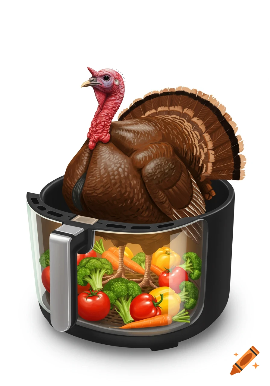A cartoonish realistic illustration of a live turkey sitting in a glass air fryer filled with vegetables.