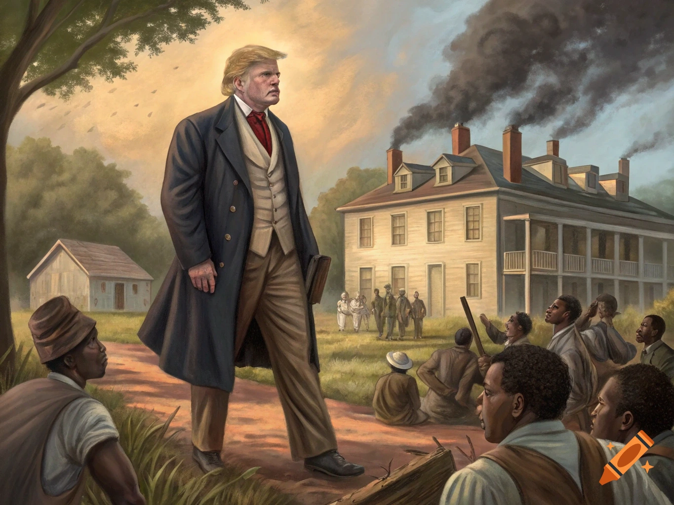 Painting of a man resembling Trump in historical clothing walking past a plantation house with people gathered.