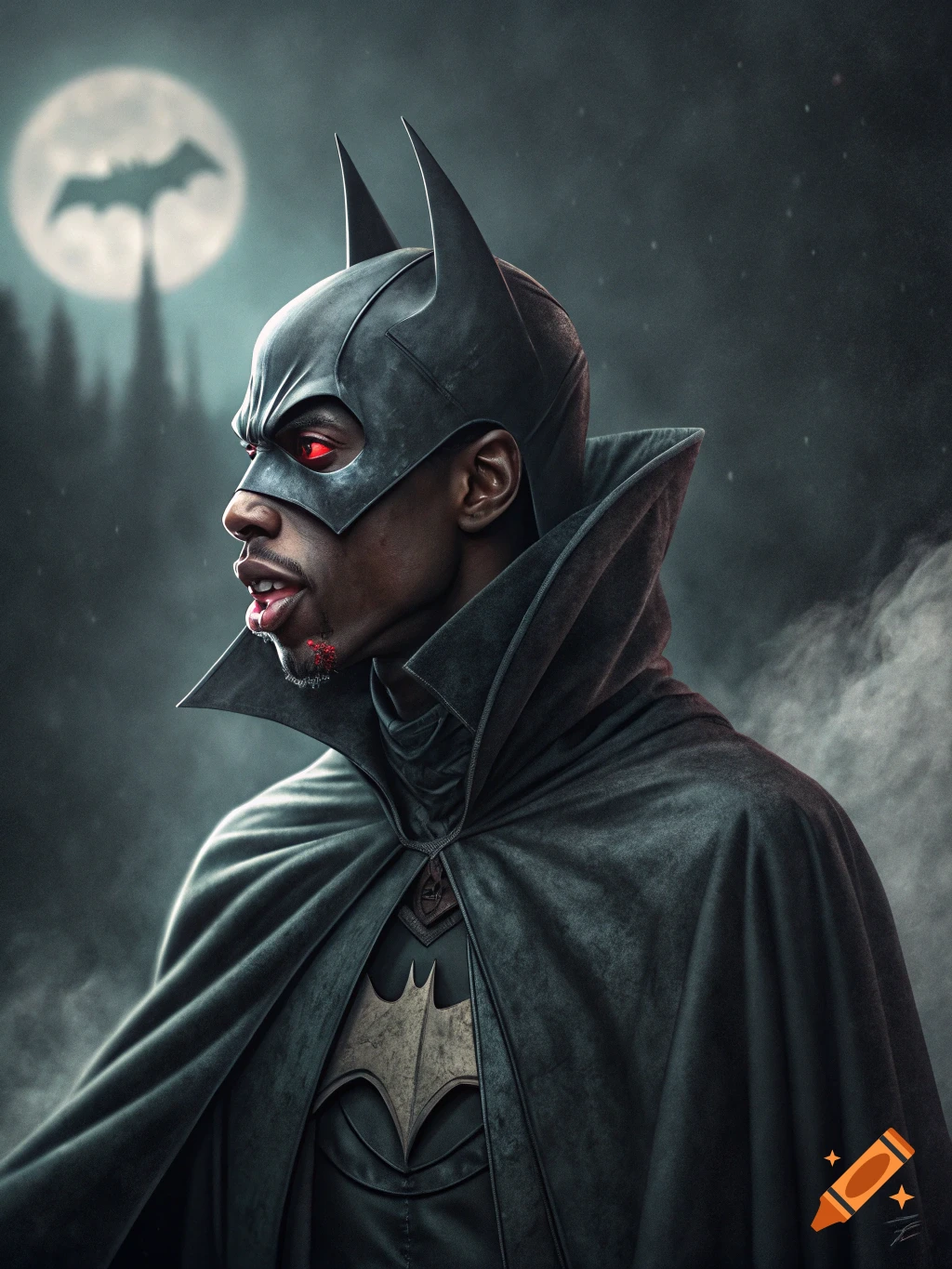 Portrait of a man in a vampire Batman costume with red eyes and stylized blood around his mouth, in a misty nighttime scene with a bat signal on the moon.