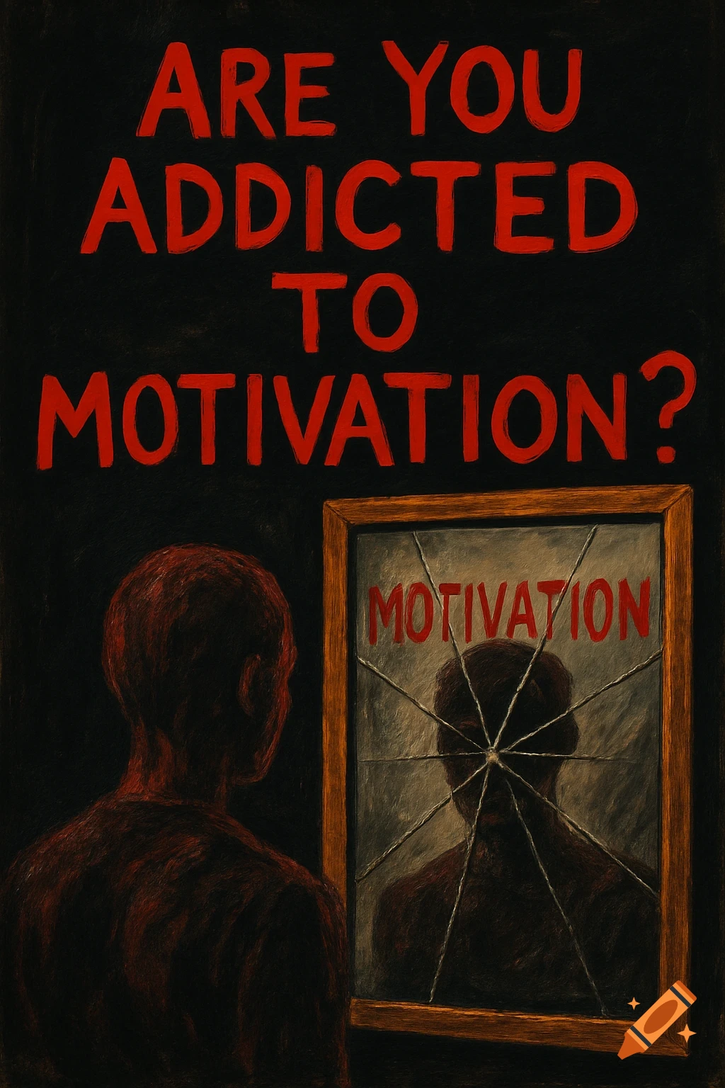 Figure looks at a cracked mirror reflecting 'MOTIVATION' under the text 'ARE YOU ADDICTED TO MOTIVATION?' Dark, textured style.