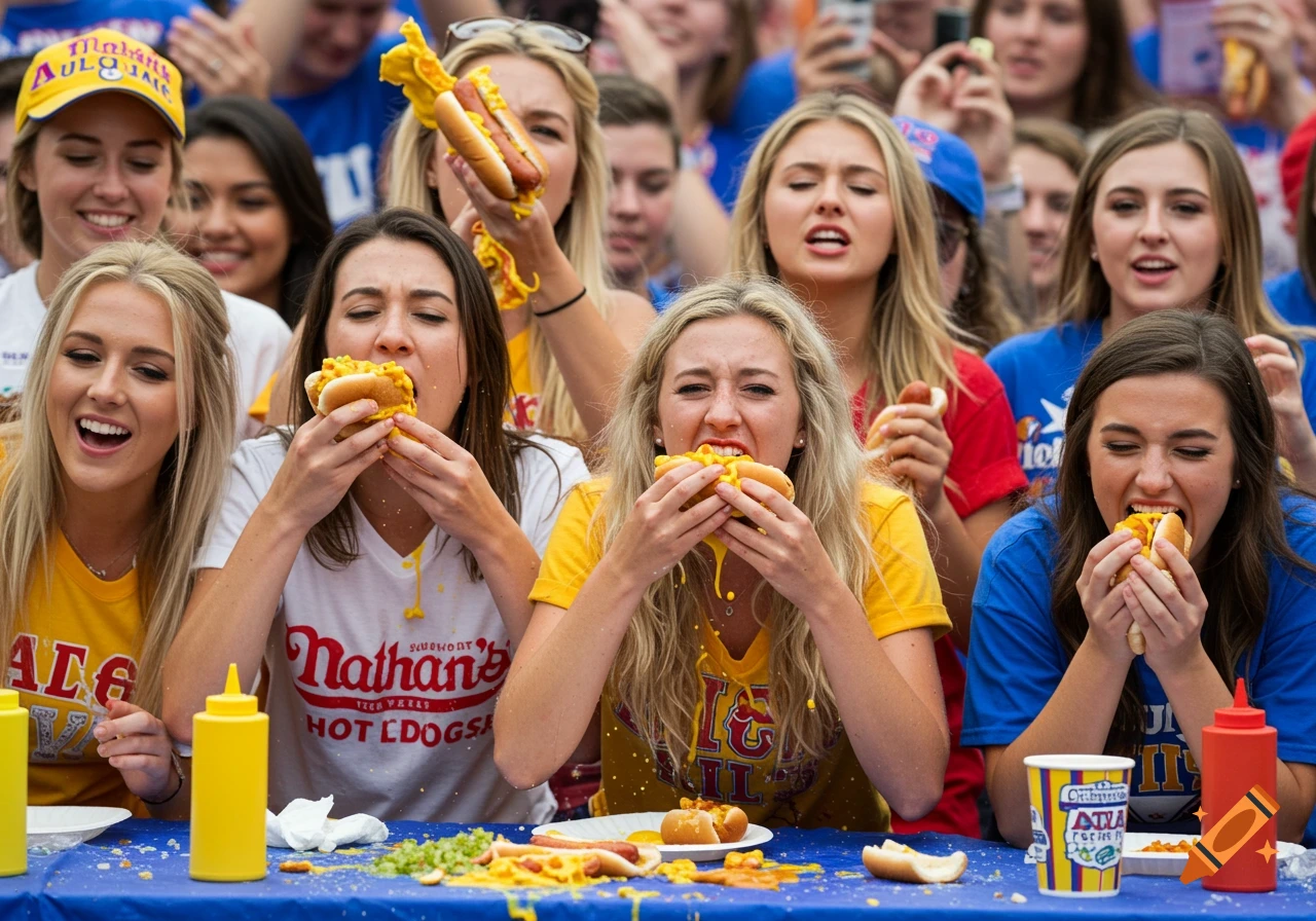 Young women competing in a messy hot dog eating contest.