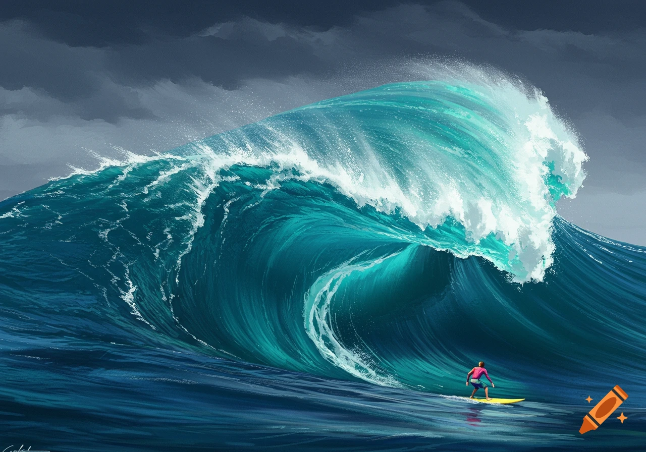 Surfer rides a giant wave under dark stormy sky, illustration style