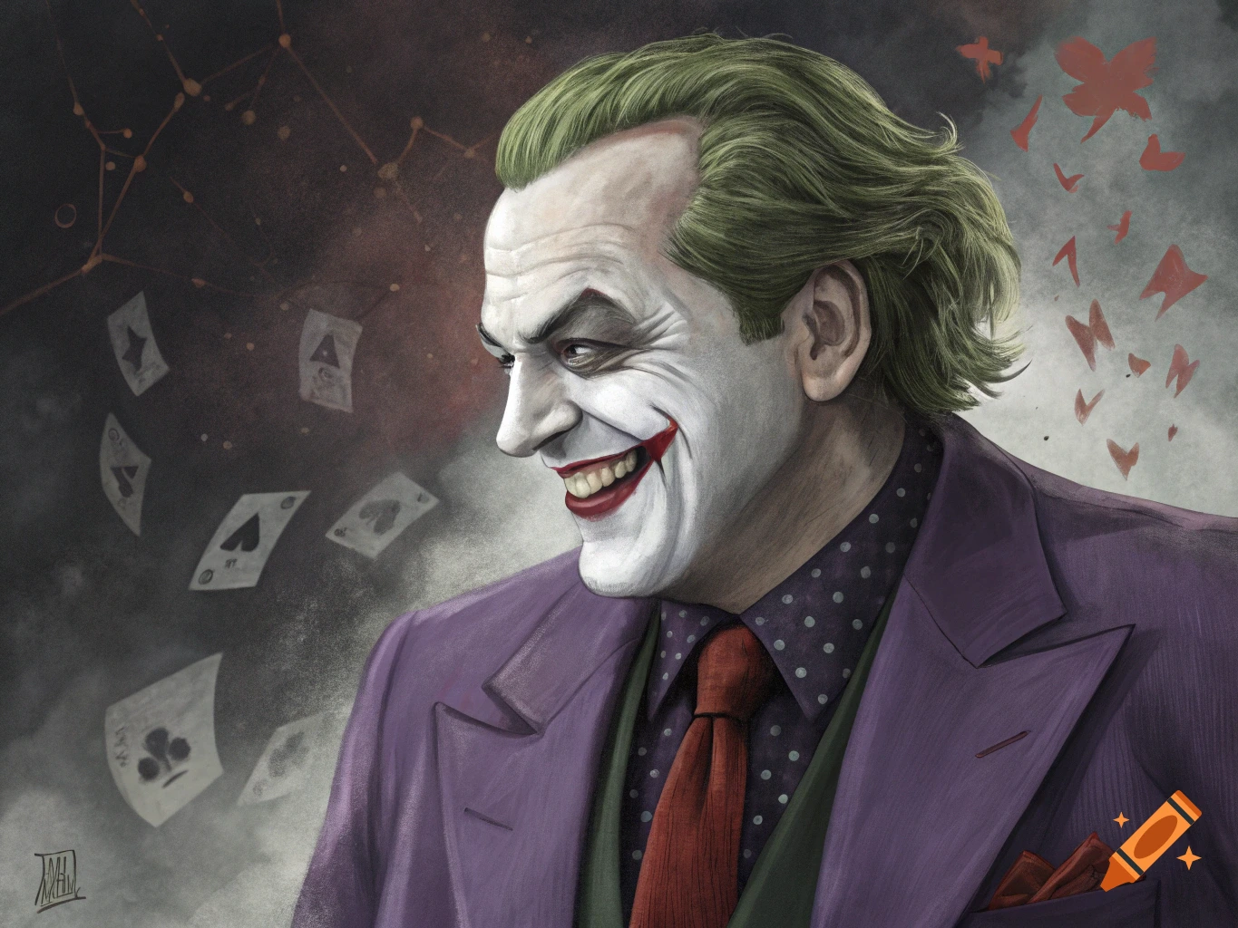Painted portrait of the Joker, Jack Nicholson version, smiling with playing cards floating around him.