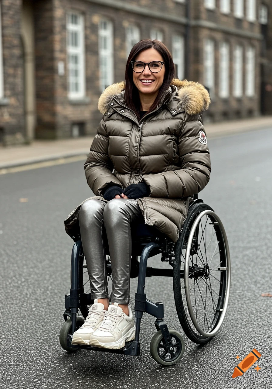 A smiling woman in a puffer coat and leggings sits in a wheelchair on a street.