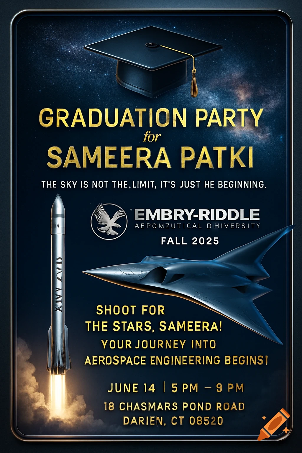 A graduation party invitation with a space theme, featuring a graduation cap, rocket, and futuristic plane against a starry sky.