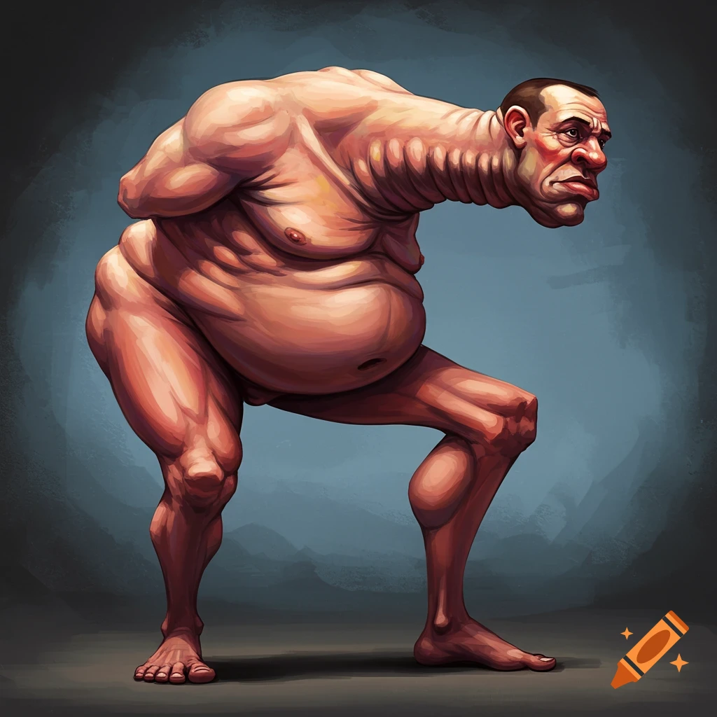 A grotesque, muscular figure with a thick neck and distorted body, in an illustration style.