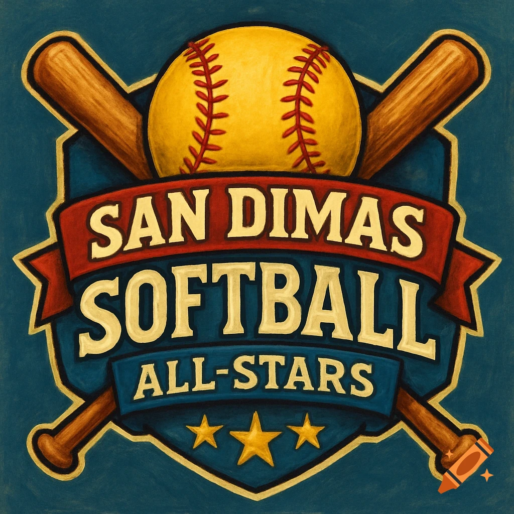 Softball badge with a ball, crossed bats, and text SAN DIMAS SOFTBALL ALL-STARS.